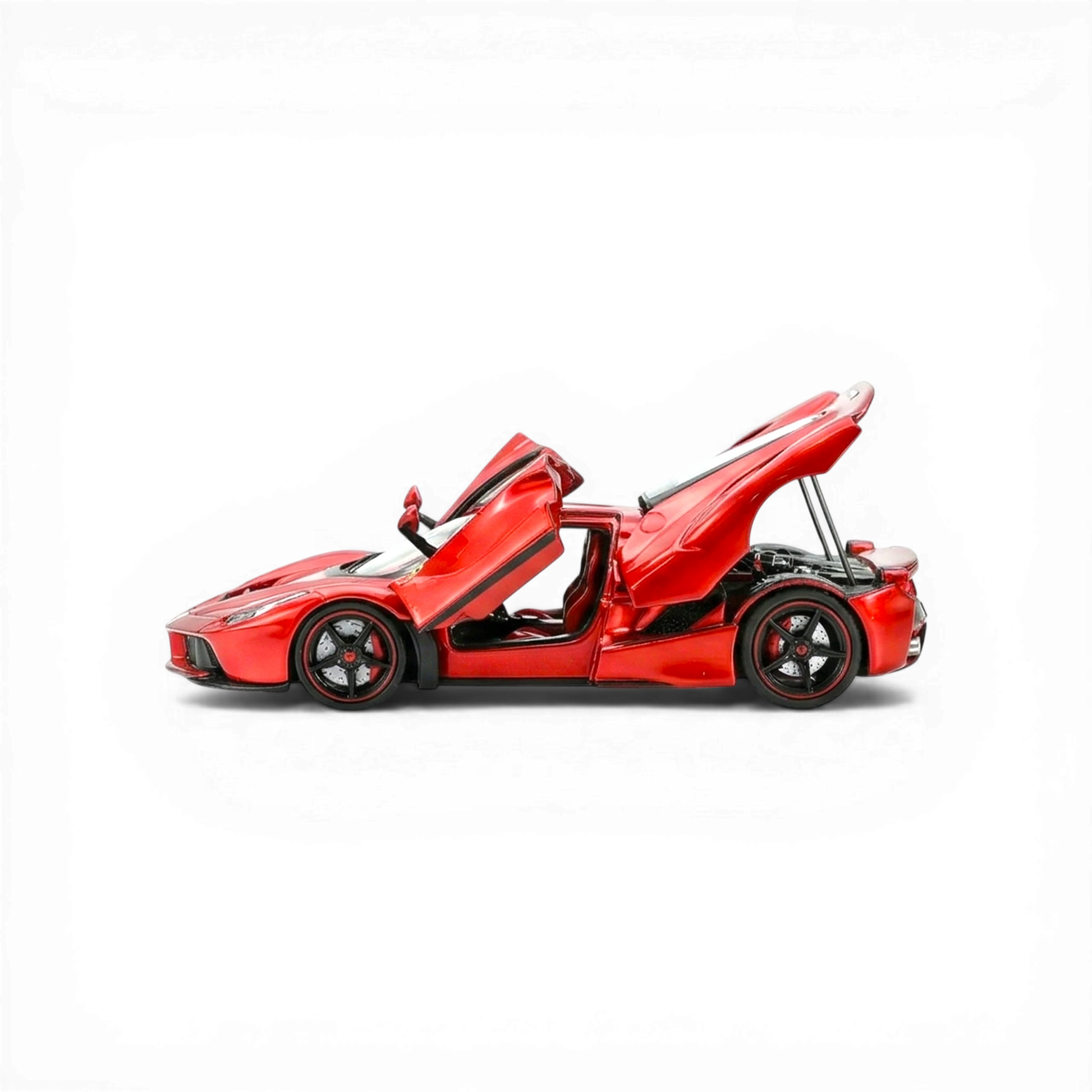 Lot57Supplies Diecast Shop red 1:64 scale Ferrari F150 Lewis Hamilton model car with open doors and hood, detailed engine.