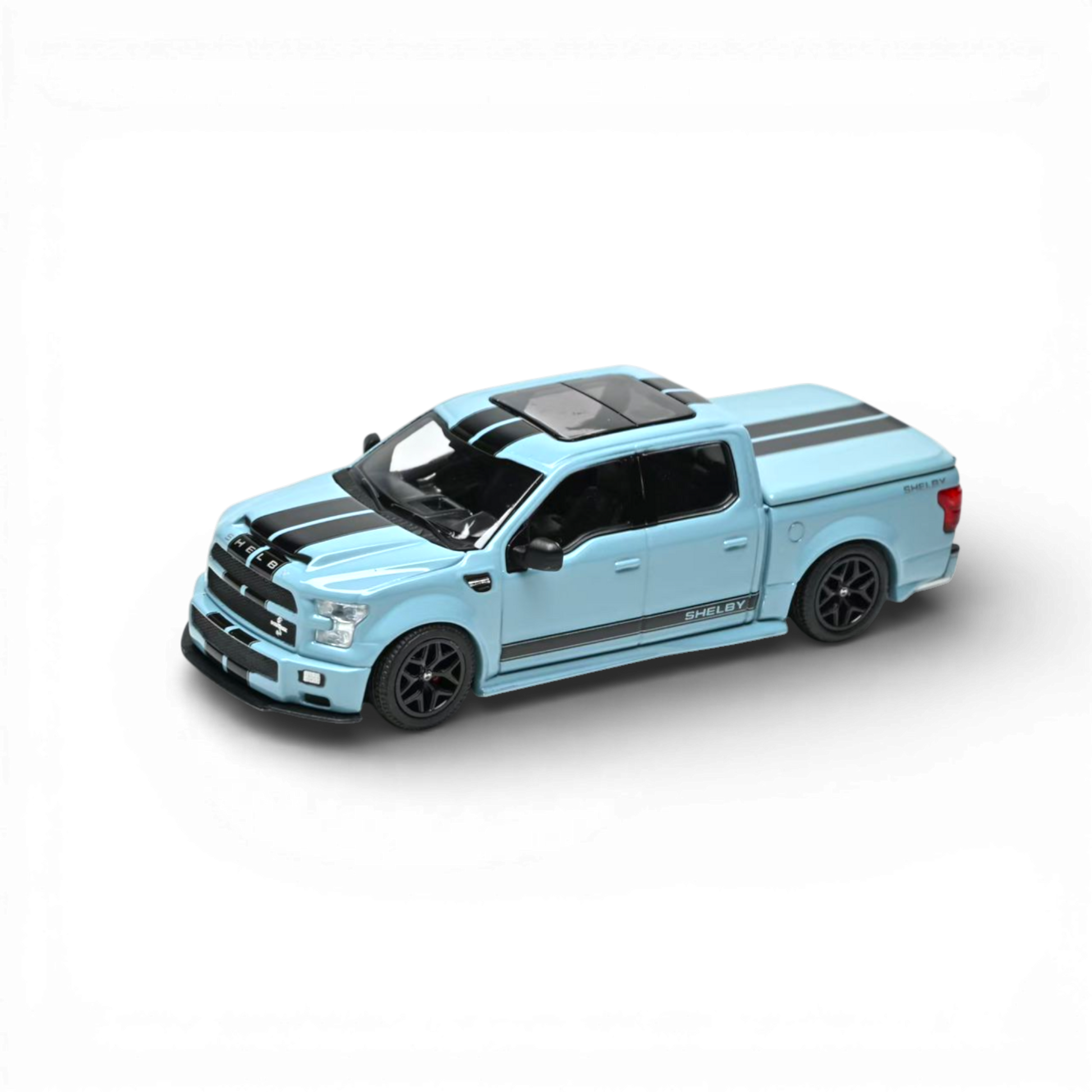 Lot57Supplies Diecast Shop blue 1:64 scale Funny Model Ford F150 Super Snake diecast truck with black racing stripes, opening tailgate, and removable bed cover.