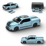 Lot57Supplies Diecast Shop blue 1:64 scale Funny Model Ford F150 Super Snake diecast truck with black racing stripes, opening tailgate, and removable bed cover.