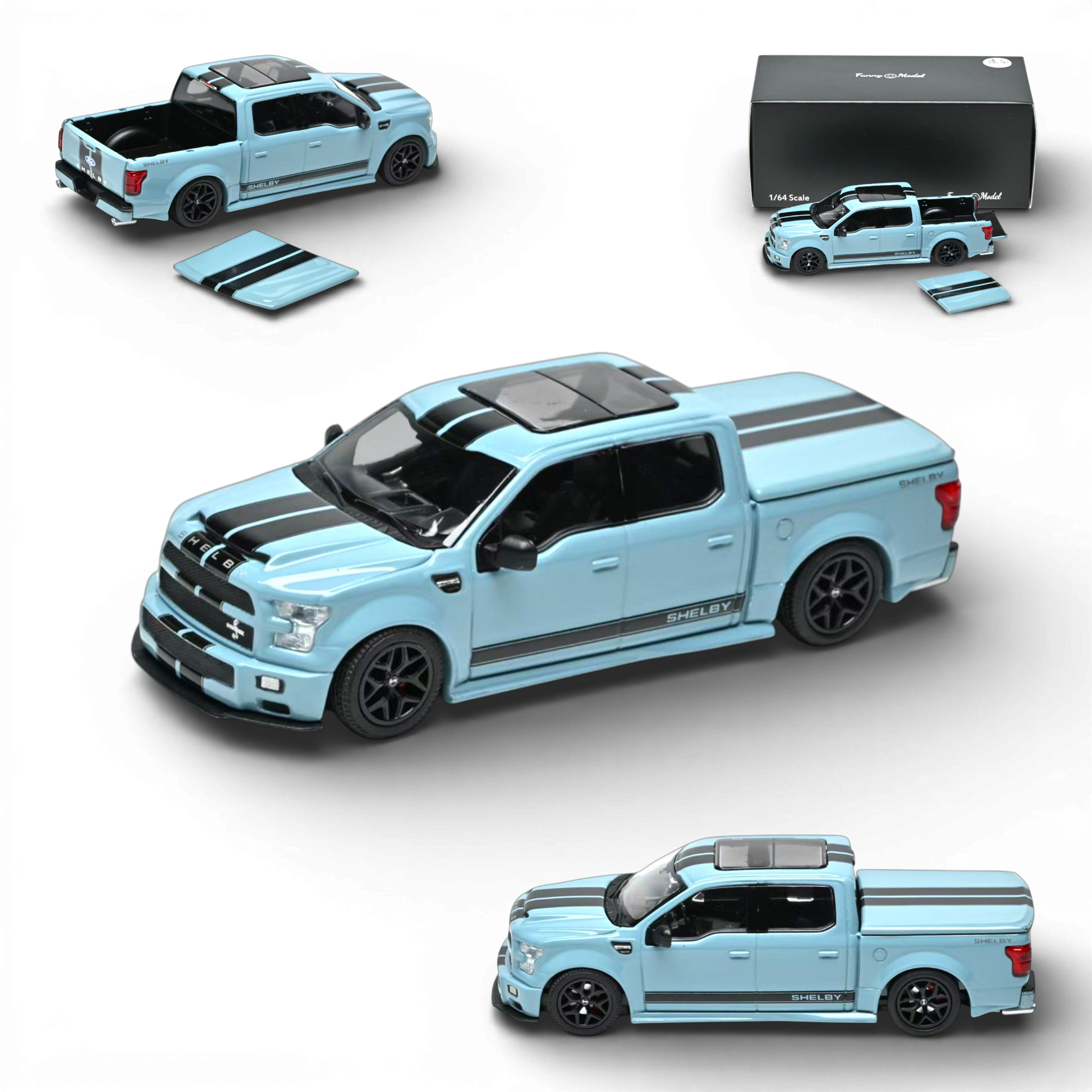 Lot57Supplies Diecast Shop blue 1:64 scale Funny Model Ford F150 Super Snake diecast truck with black racing stripes, opening tailgate, and removable bed cover.