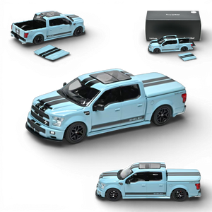 Lot57Supplies Diecast Shop blue 1:64 scale Funny Model Ford F150 Super Snake diecast truck with black racing stripes, opening tailgate, and removable bed cover.