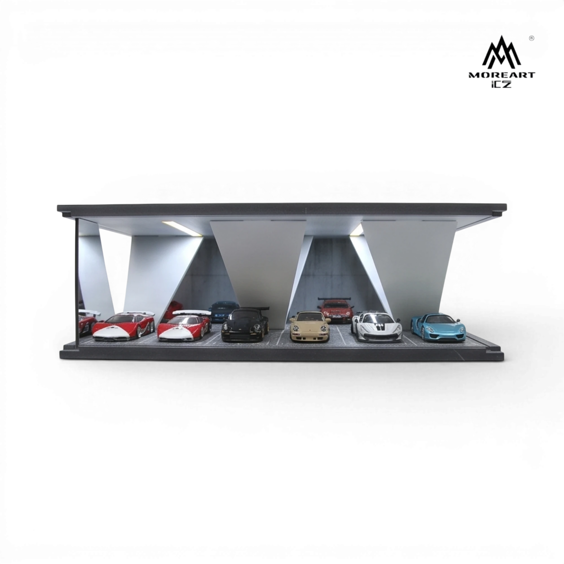 Lot57Supplies Diecast Shop 1:64 scale modern underground parking garage display with LED lighting and multiple car slots.