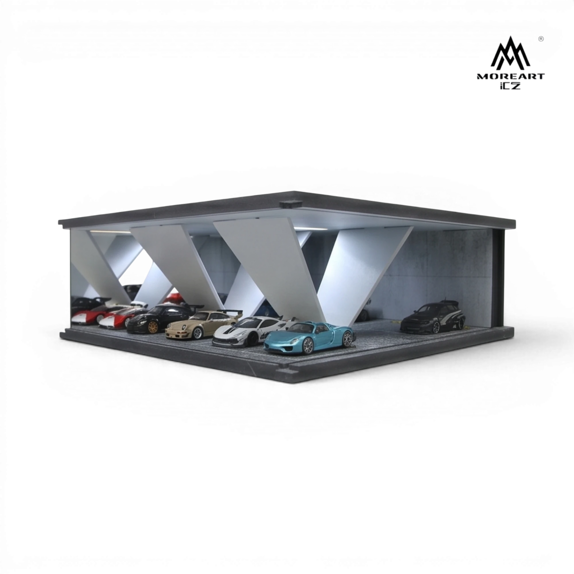 Lot57Supplies Diecast Shop: 1:64 scale modern underground parking garage display with LED lighting and concrete walls, featuring multiple diecast cars.