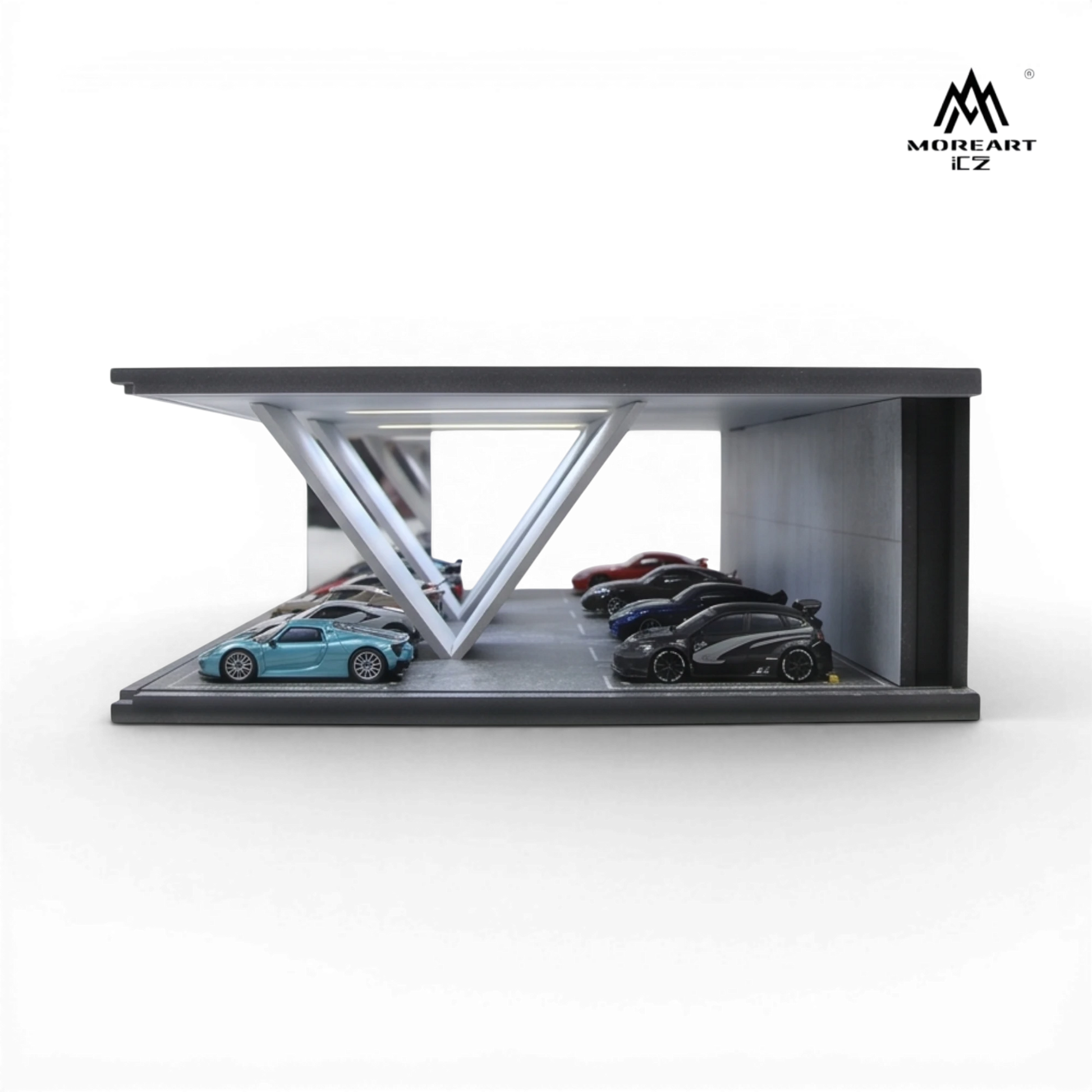 Lot57Supplies Diecast Shop: 1:64 scale modern underground parking garage diorama with LED lighting and multiple car display spots.