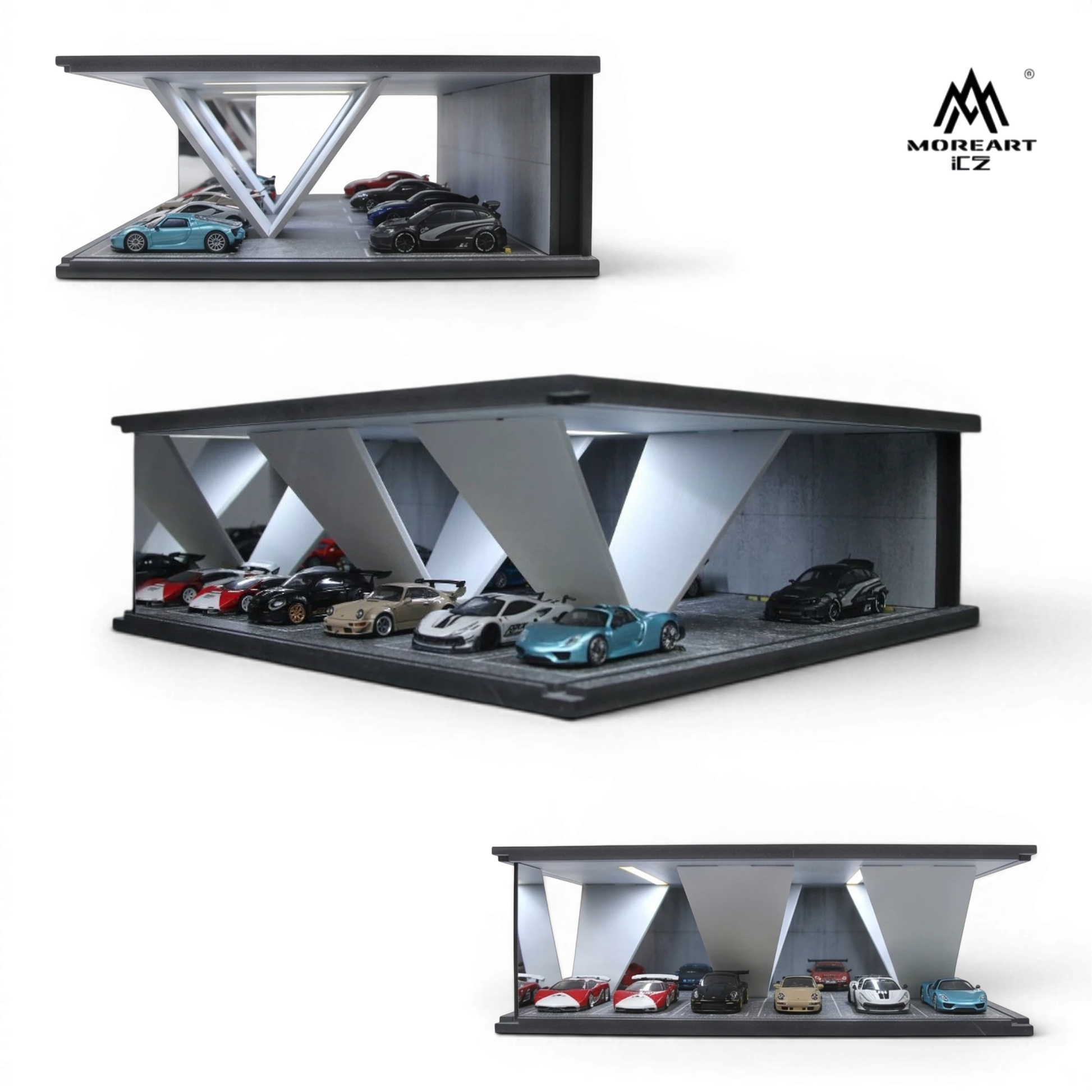 Lot57Supplies Diecast Shop 1:64 scale modern underground parking garage display with LED lighting and concrete texture.