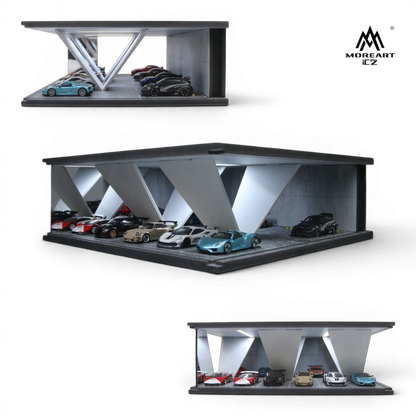 Lot57Supplies Diecast Shop 1:64 scale modern underground parking garage display with LED lighting and concrete texture.