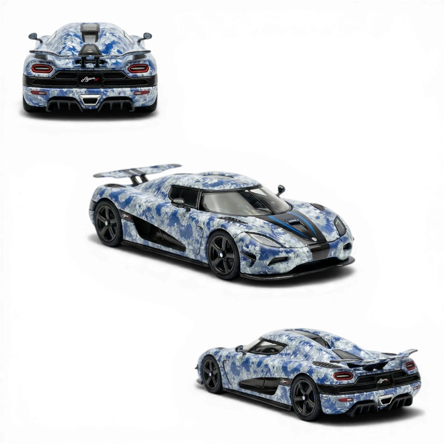 Lot57Supplies Diecast Shop 1:64 scale blue and white porcelain livery Koenigsegg Agera custom edition diecast model car.