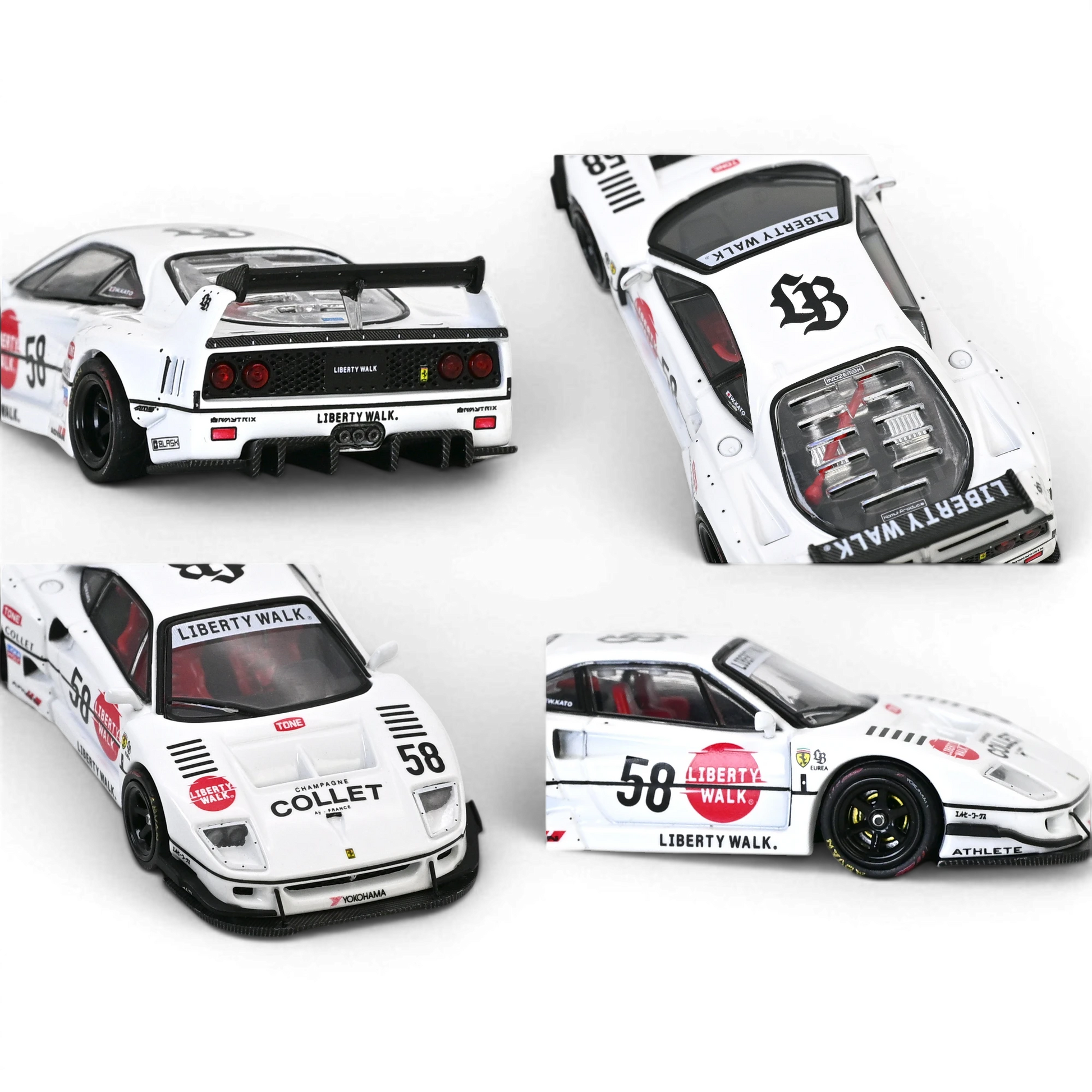 Lot57Supplies Diecast Shop white 1:64 scale INNO64 LBWK Ferrari F40 Collet model car with red interior and racing decals.