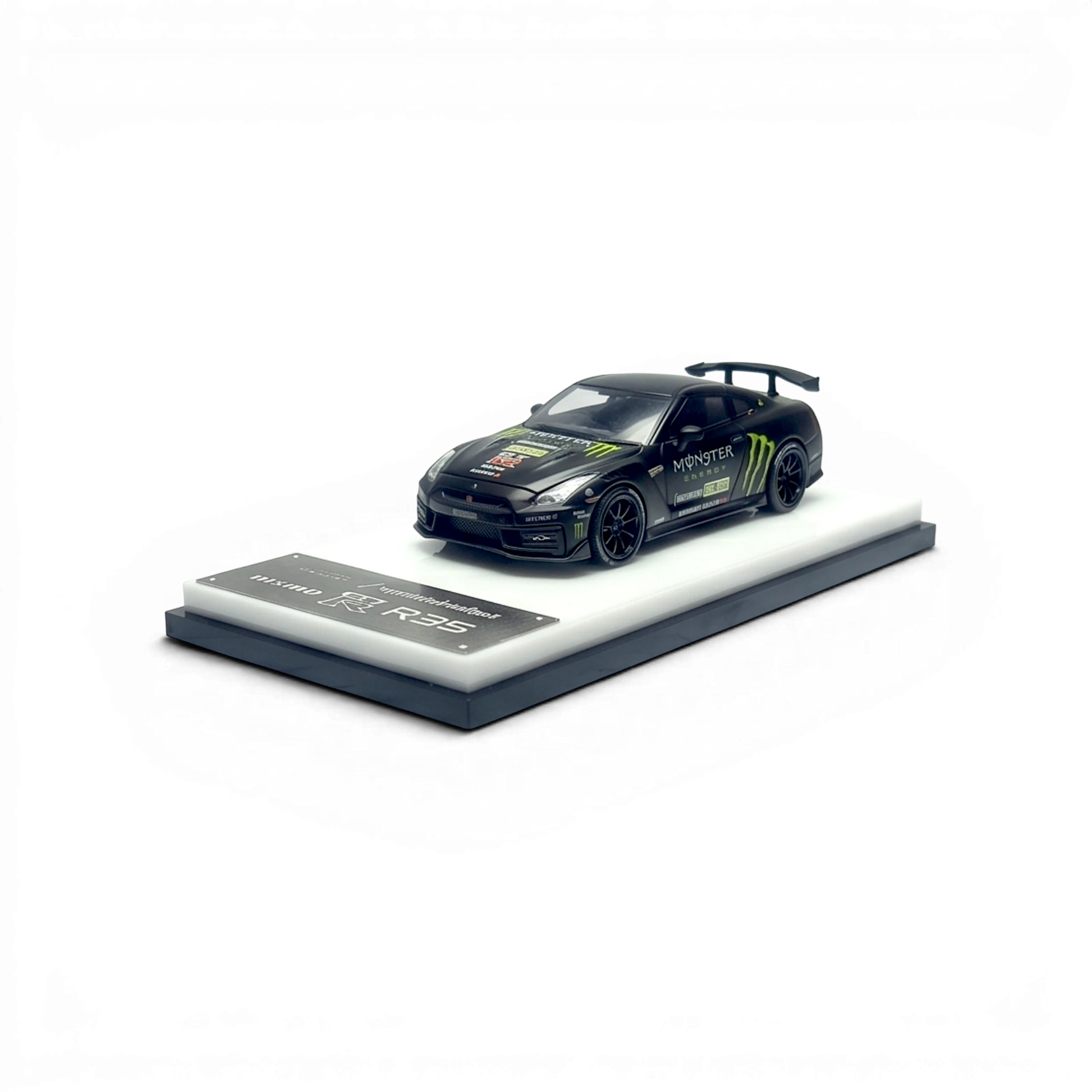 Lot57Supplies Diecast Shop 1:64 scale Monster Matte Black MC GTR R35 NISMO diecast model with openable hood.