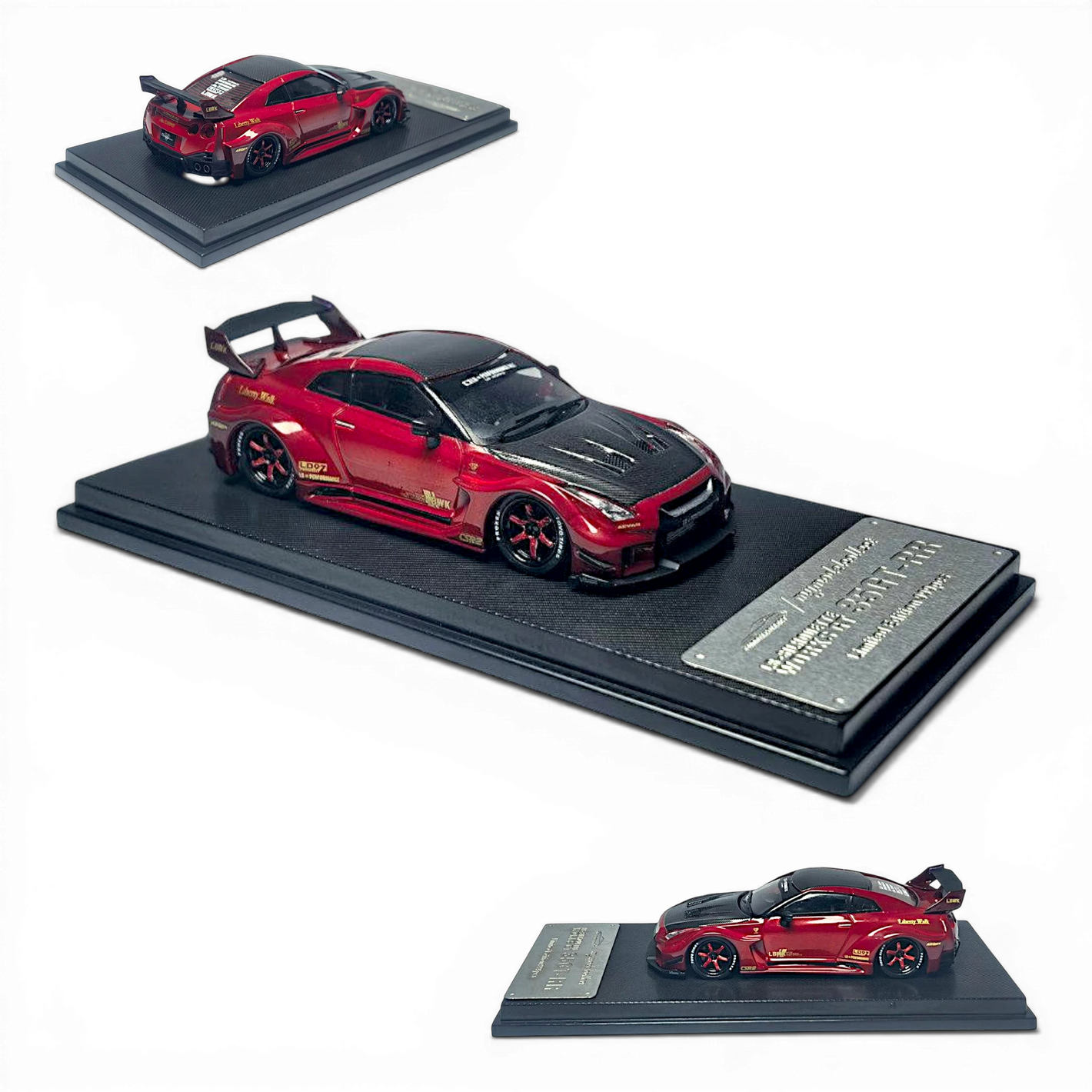 Lot57Supplies Diecast Shop 1:64 scale metallic red carbon cap LB GTR GT model car with black spoiler and carbon fiber hood.