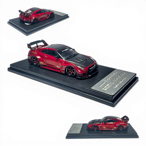 Lot57Supplies Diecast Shop 1:64 scale metallic red carbon cap LB GTR GT model car with black spoiler and carbon fiber hood.