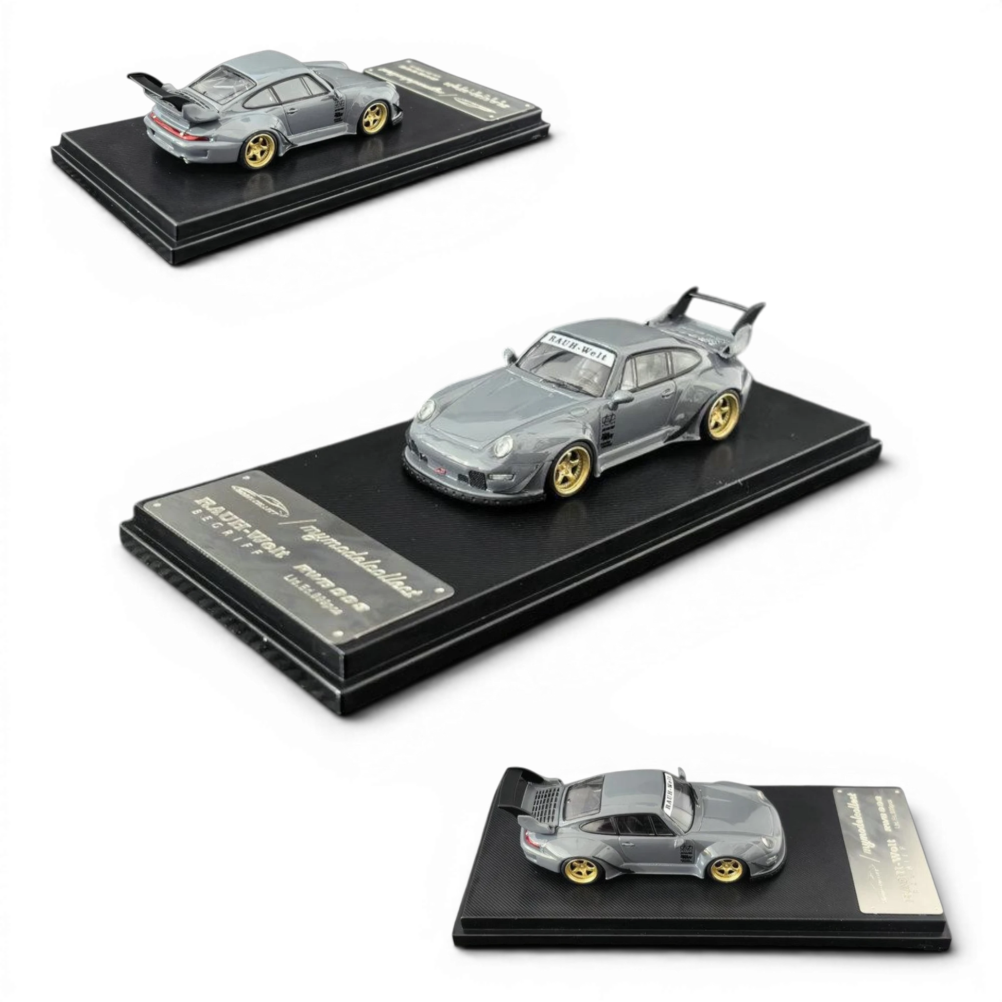 Lot57Supplies Diecast Shop MC RWB993 G2 Single Deck Wing diecast model car in cement grey with gold wheels, 1:64 scale.