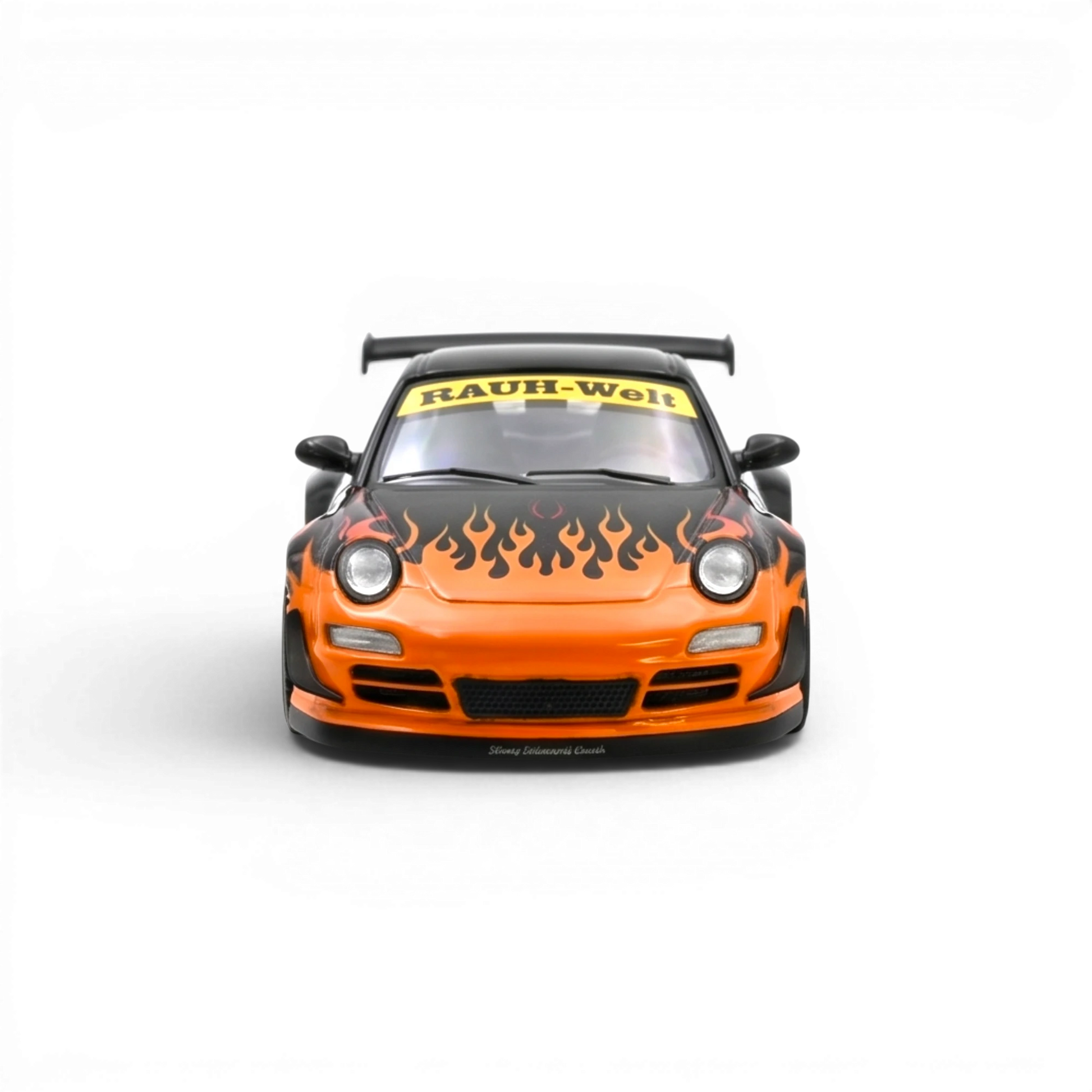 Lot57Supplies Diecast Shop 1:64 scale orange Porsche 997 RWB with burning flame livery and RAUH-Welt banner.