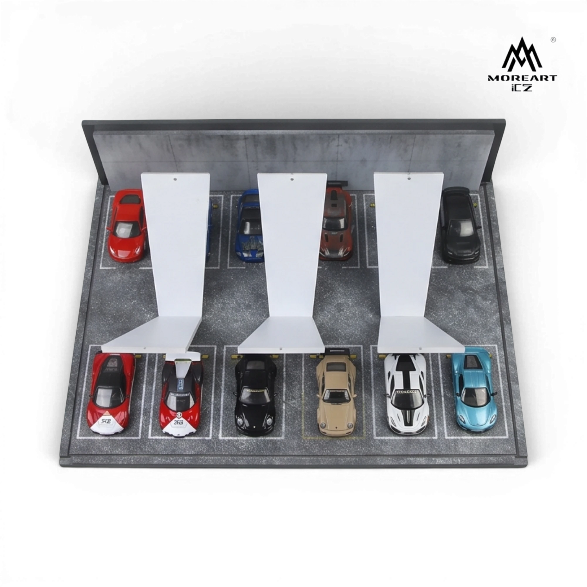Lot57Supplies Diecast Shop 1:64 scale underground parking garage scene with LED lighting and multiple car parking spots.