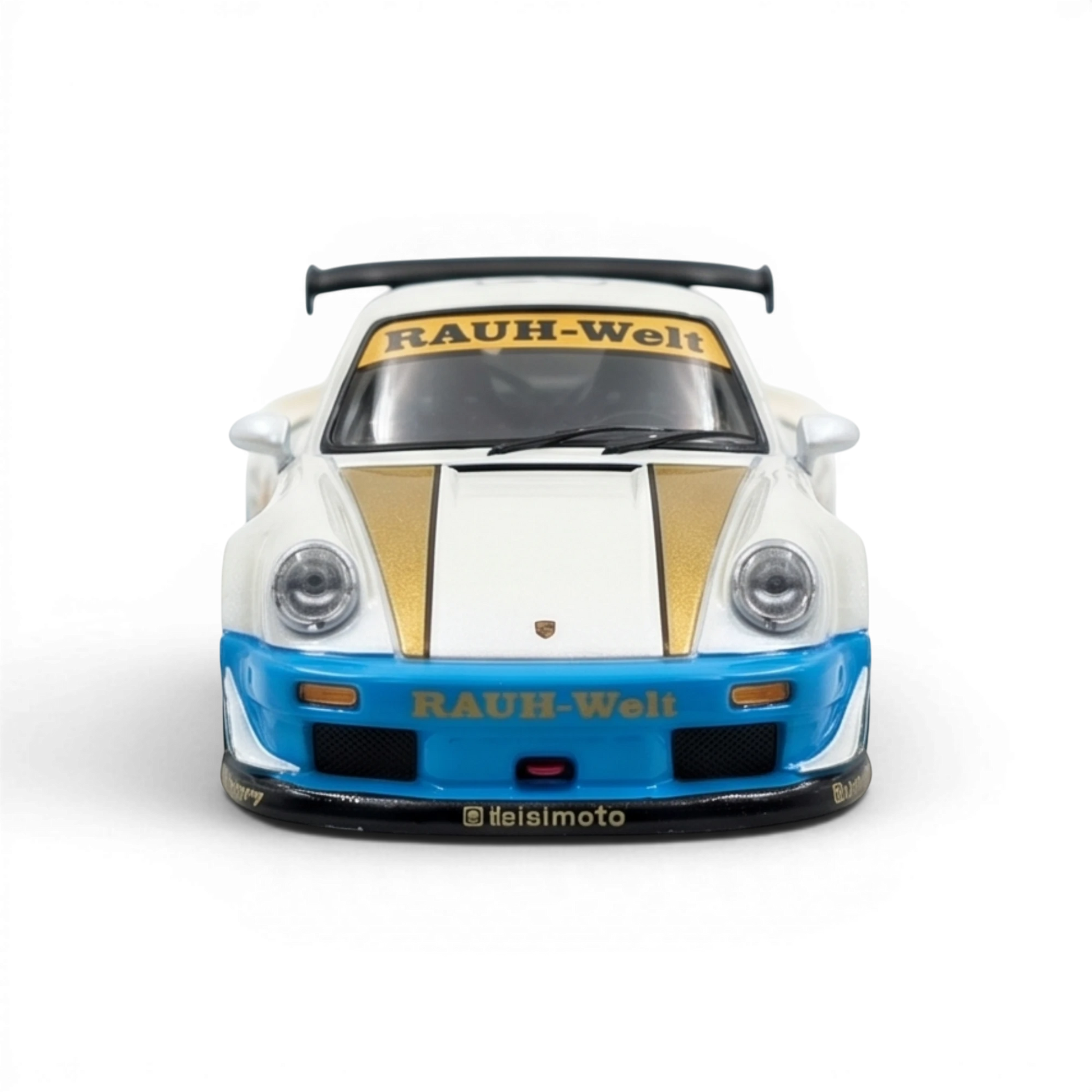 Lot57Supplies Diecast Shop 1:64 scale matte white PGM RWB 930 model car with gold stripes and blue accents.