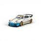 Lot57Supplies Diecast Shop 1:64 scale matte white Porsche RWB 930 model car with gold racing stripes and blue accents.