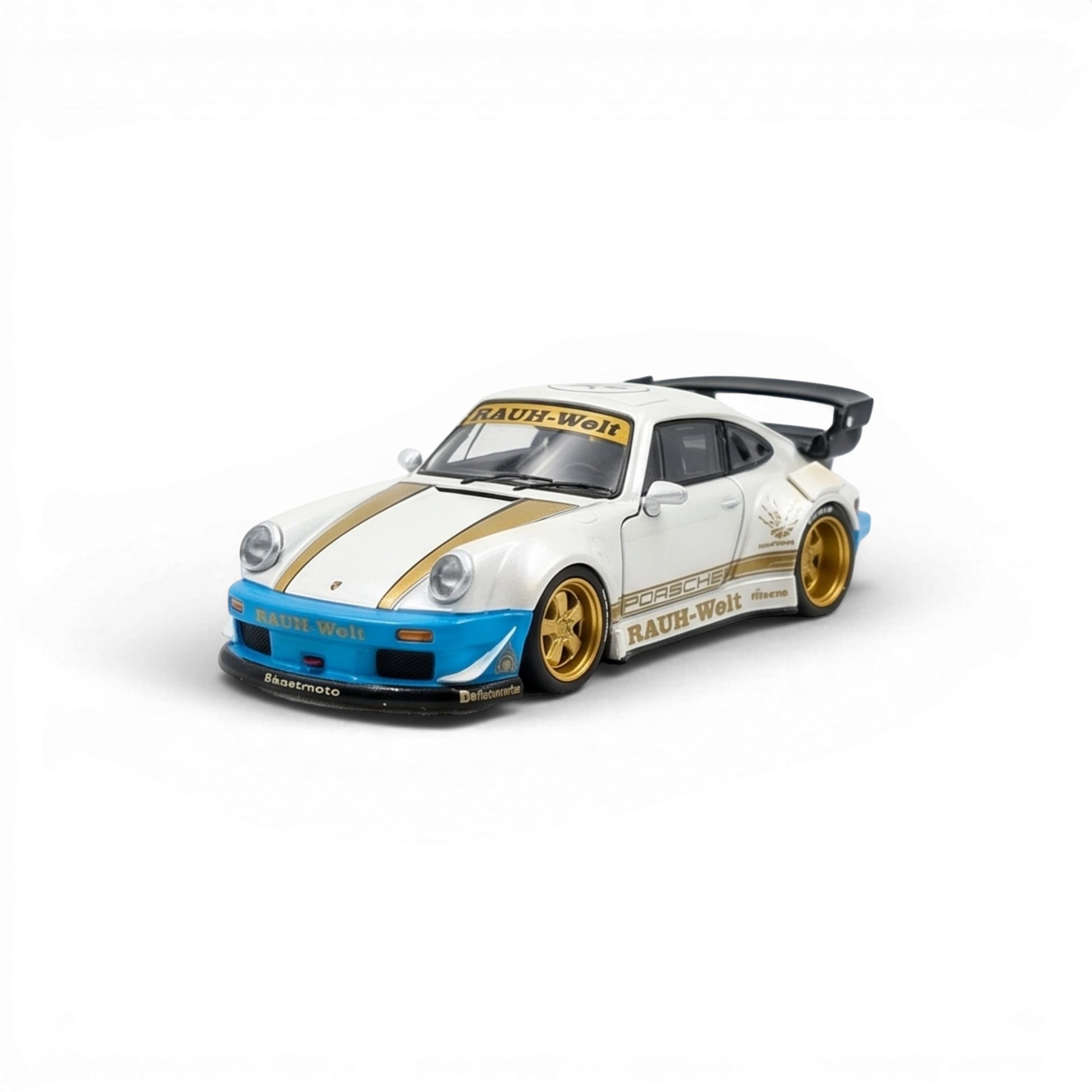 Lot57Supplies Diecast Shop 1:64 scale matte white Porsche RWB 930 model car with gold racing stripes and blue accents.