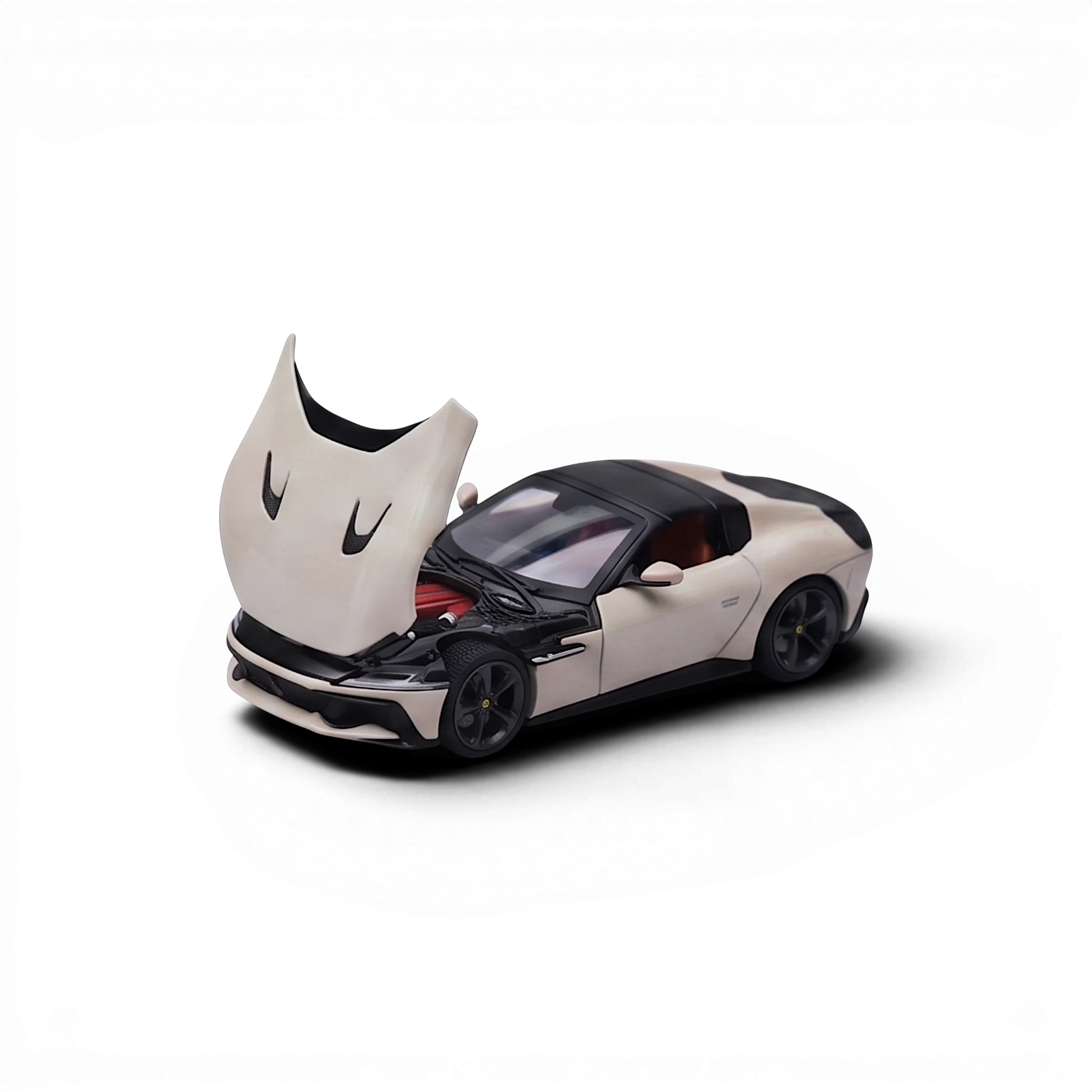 Lot57Supplies Diecast Shop Phantom Knight 12Cilindri Coupe 1:64 scale diecast model in Bianco Avus white with black roof and opening hood showing engine detail.