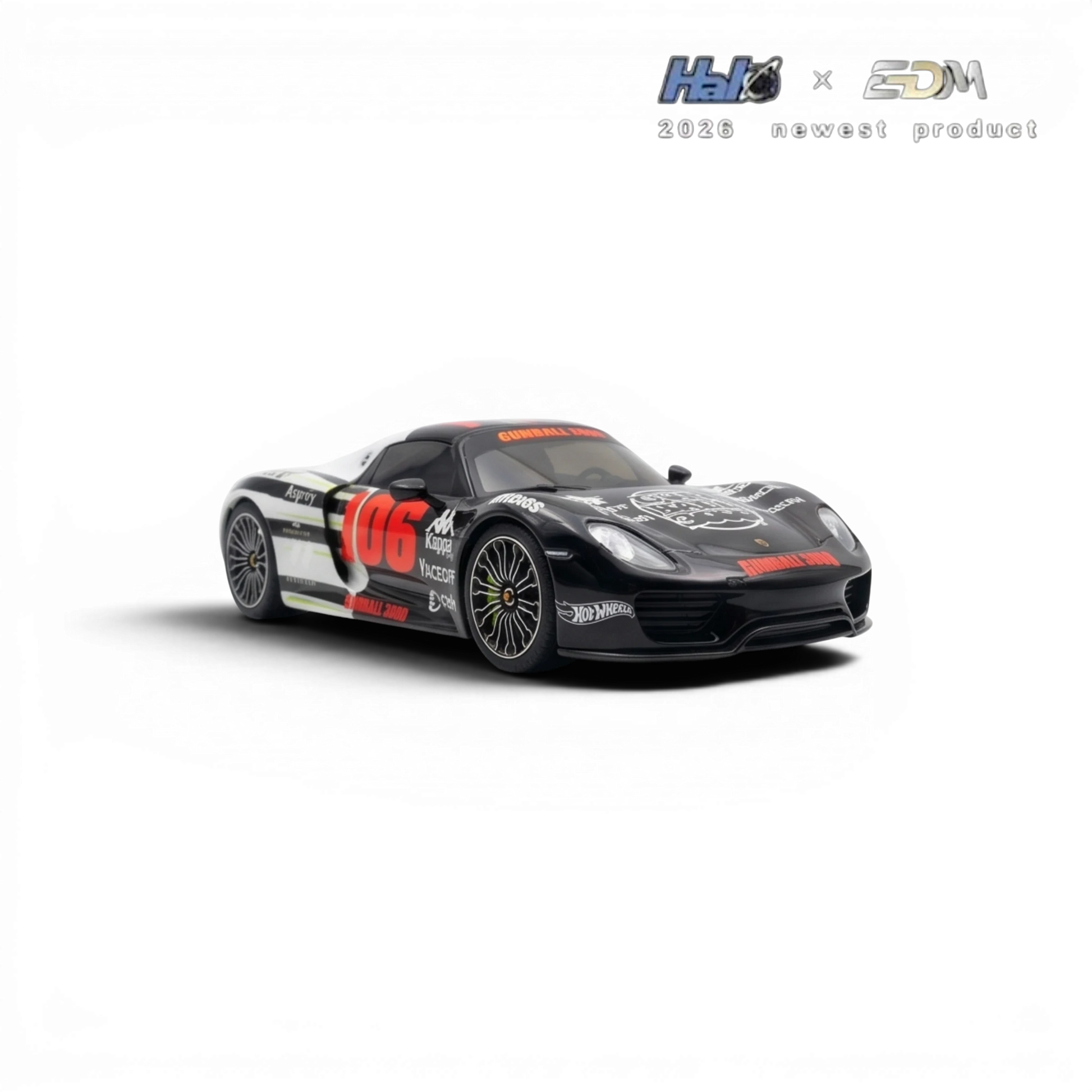 Lot57Supplies Diecast Shop HALO x EDM Porsche 918 Spyder 1:64 scale model, black with Gumball 3000 livery and red accents.