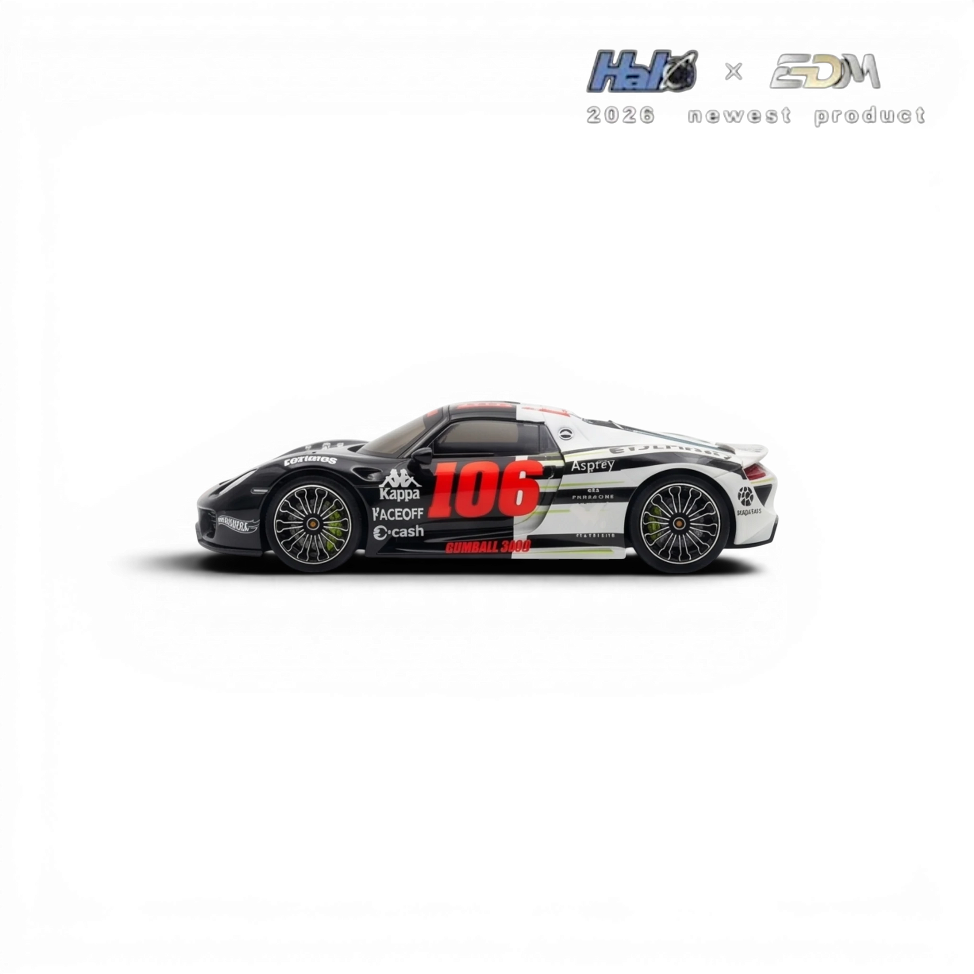 Lot57Supplies Diecast Shop HALO x EDM Porsche 918 Spyder 1:64 scale model, black and white Gumball 3000 livery with red number 106.