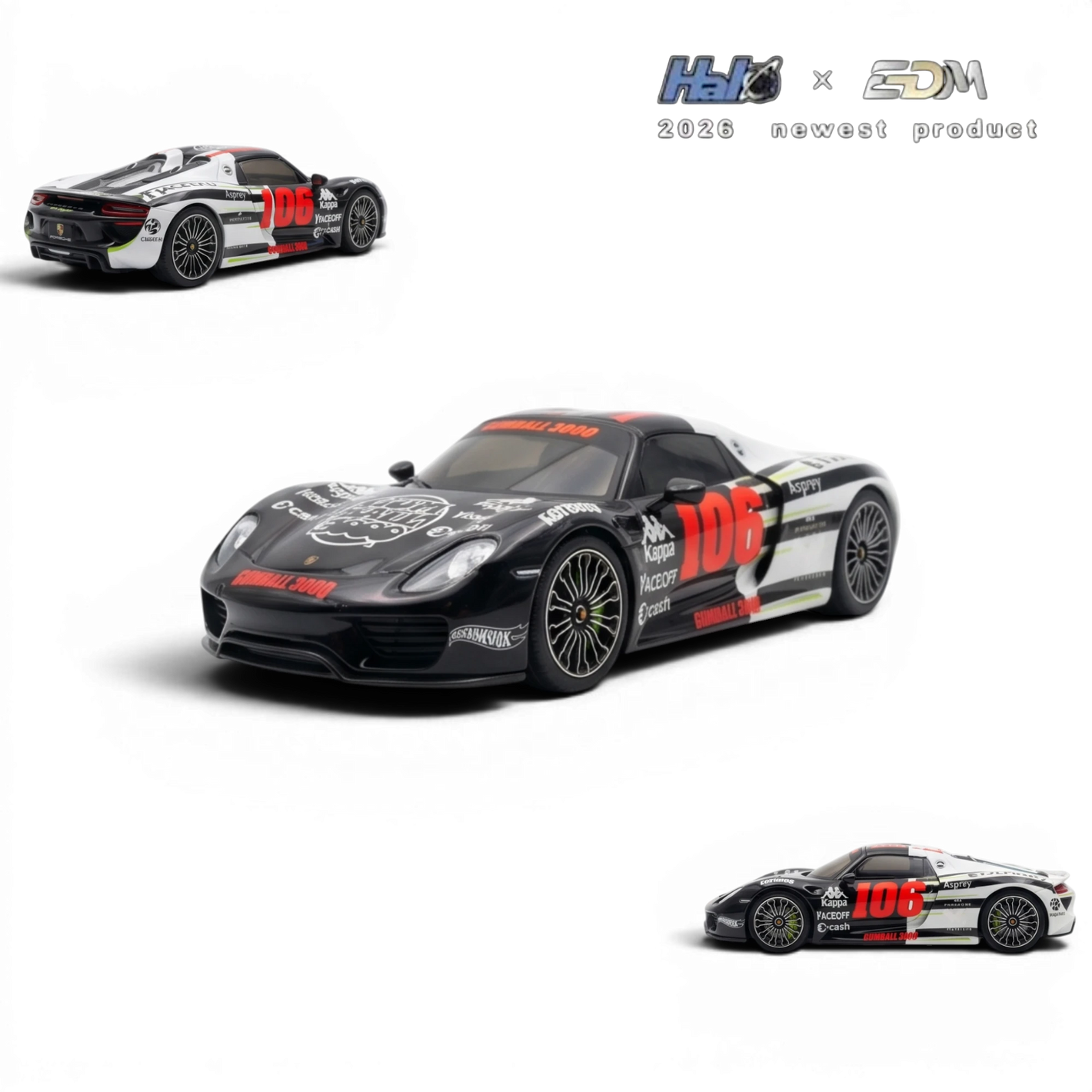 Lot57Supplies Diecast Shop HALO x EDM Porsche 918 Spyder 1:64 scale model, black with Gumball 3000 livery and red "106" graphics.