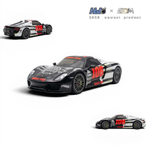 Lot57Supplies Diecast Shop HALO x EDM Porsche 918 Spyder 1:64 scale model, black with Gumball 3000 livery and red "106" graphics.