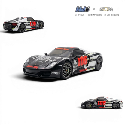 Lot57Supplies Diecast Shop HALO x EDM Porsche 918 Spyder 1:64 scale model, black with Gumball 3000 livery and red "106" graphics.