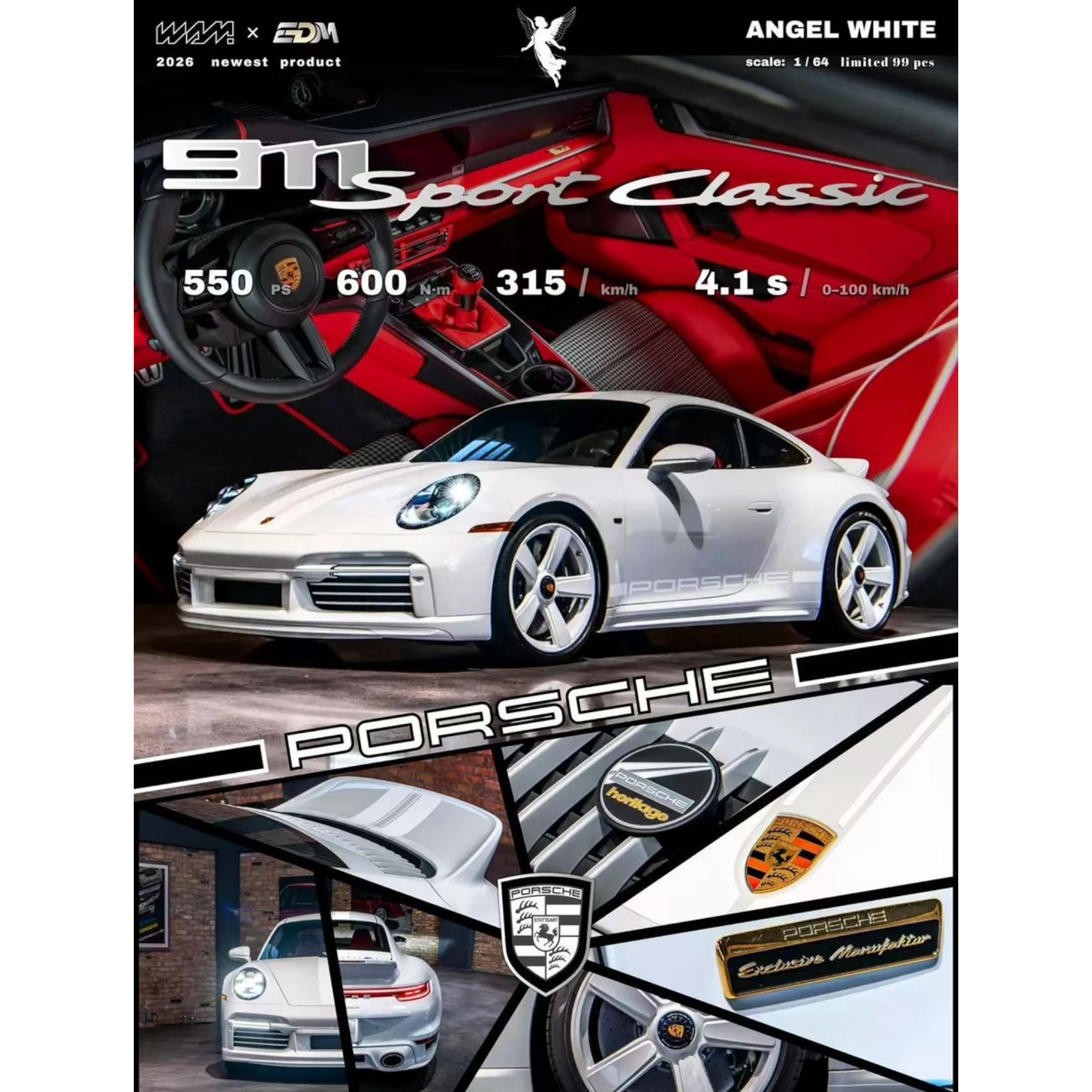 Lot57Supplies Diecast Shop: 1:64 scale resin model of a white Porsche 992 Sport Classic with red interior, featuring detailed wheels and badging.