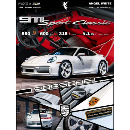 Lot57Supplies Diecast Shop: 1:64 scale resin model of a white Porsche 992 Sport Classic with red interior, featuring detailed wheels and badging.