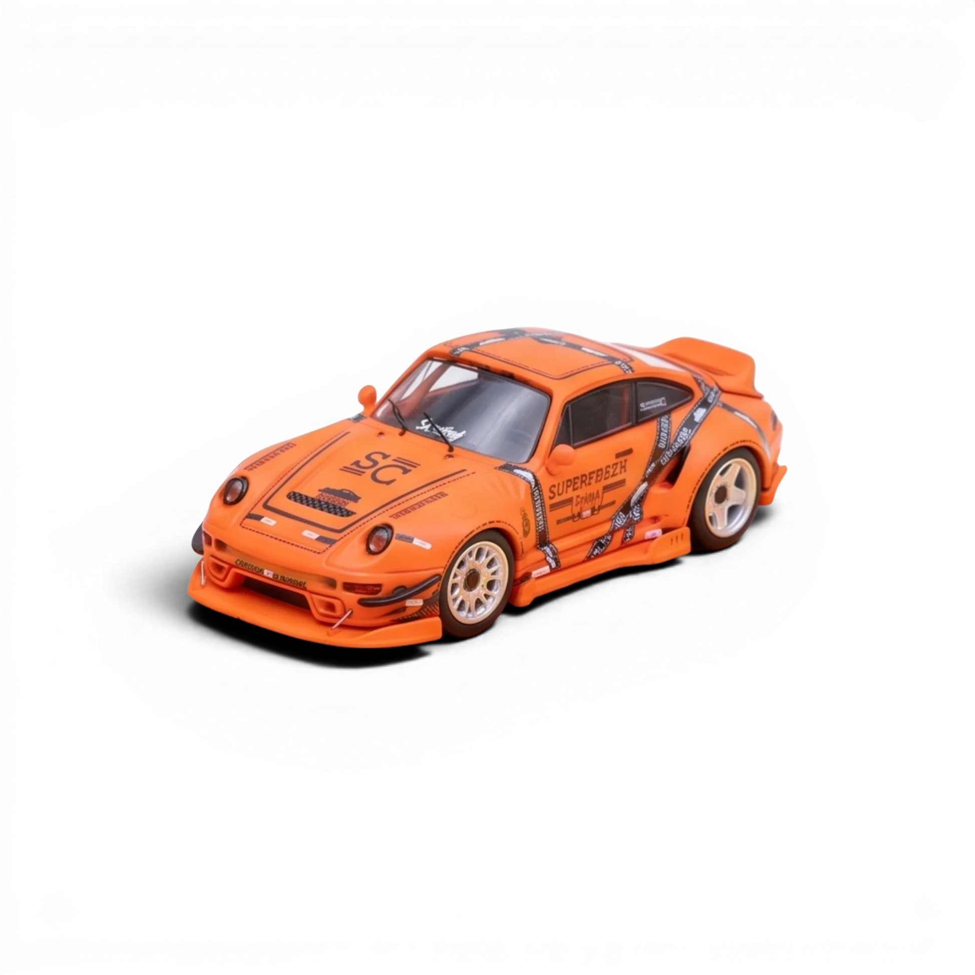 Lot57Supplies Diecast Shop: Orange diecast 1:64 scale modified Porsche 993 with Jager Heat livery, racing decals, and white wheels.