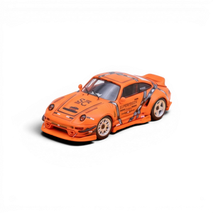 Lot57Supplies Diecast Shop: Orange diecast 1:64 scale modified Porsche 993 with Jager Heat livery, racing decals, and white wheels.