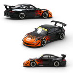Lot57Supplies Diecast Shop 1:64 scale black Porsche 997 with orange burning flame livery and widebody kit.