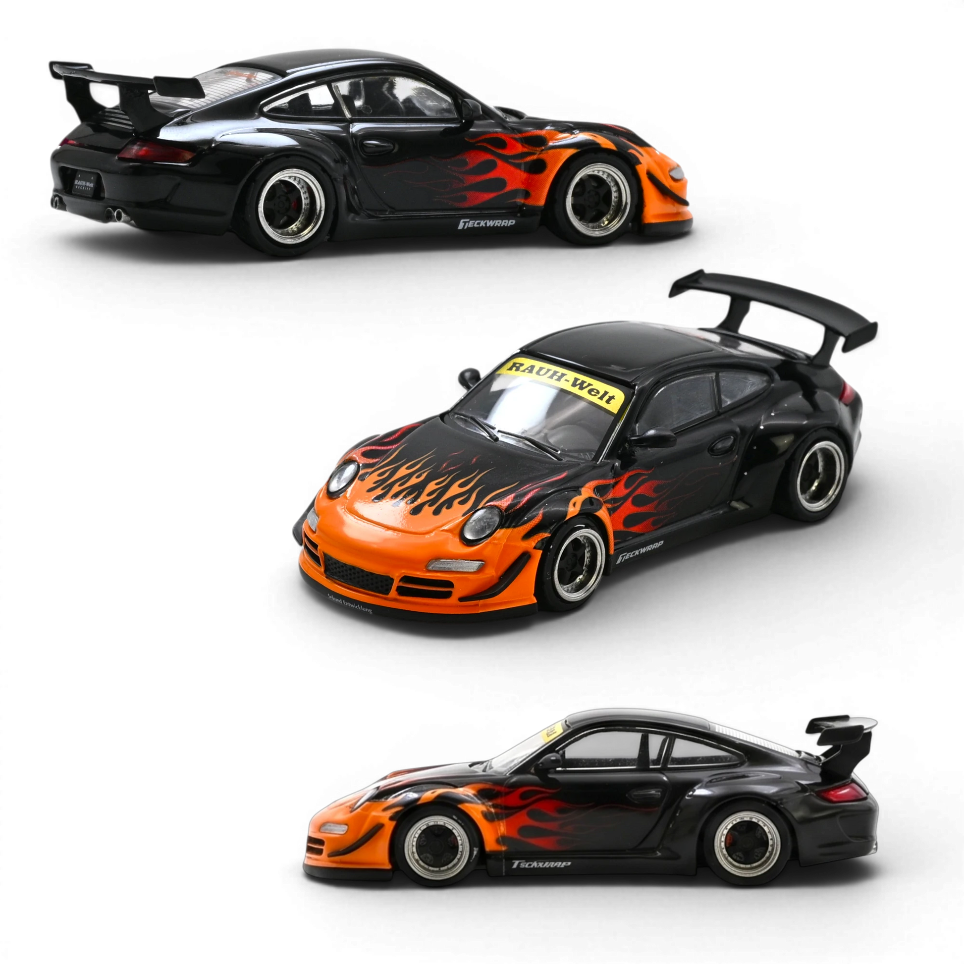 Lot57Supplies Diecast Shop 1:64 scale black Porsche 997 with orange burning flame livery and widebody kit.
