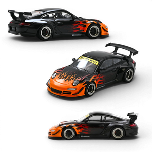 Lot57Supplies Diecast Shop 1:64 scale black Porsche 997 with orange burning flame livery and widebody kit.