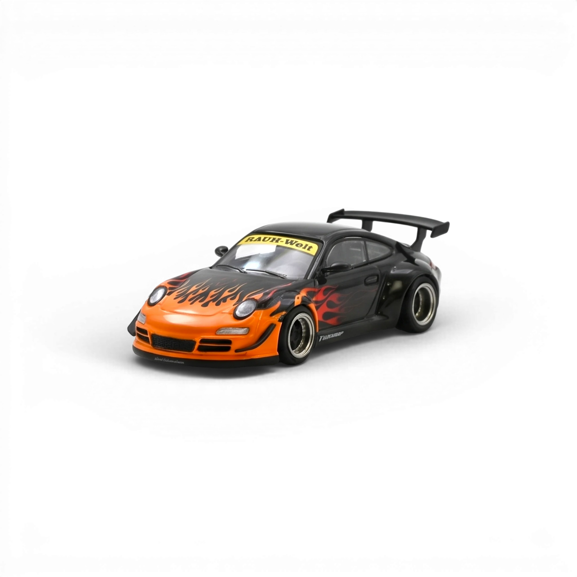 Lot57Supplies Diecast Shop 1:64 scale orange and black Porsche RWB 997 diecast model with burning flame livery and widebody kit.