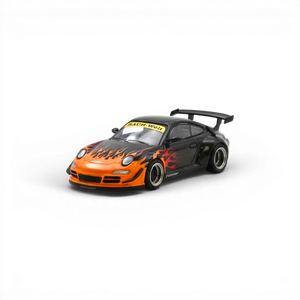 Lot57Supplies Diecast Shop 1:64 scale orange and black Porsche RWB 997 diecast model with burning flame livery and widebody kit.
