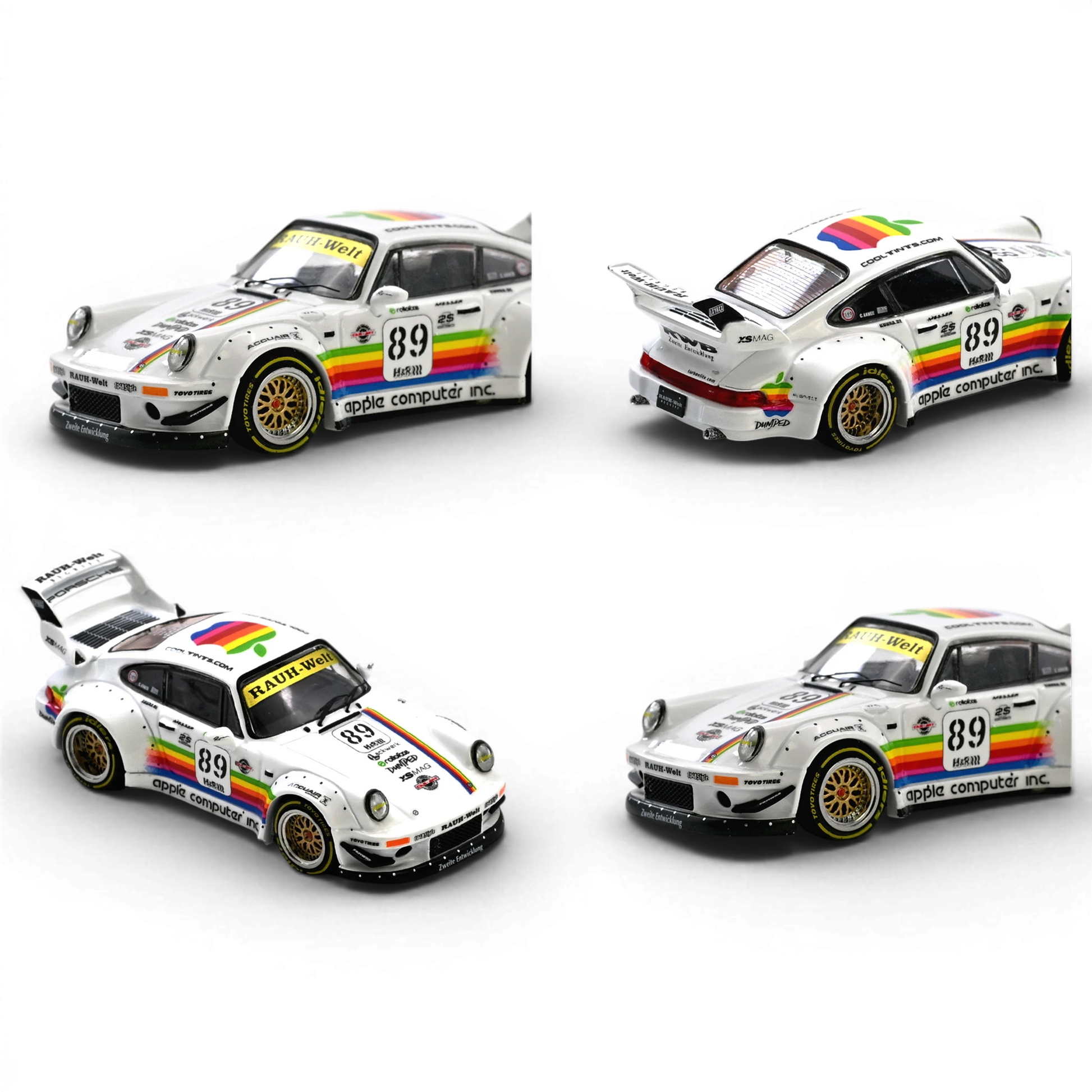 Lot57Supplies Diecast Shop 1:64 scale white diecast RWB 930 Porsche with Apple Computer livery and rainbow stripe.