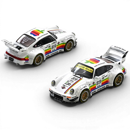 Lot57Supplies Diecast Shop: White 1:64 scale INNO64 RWB 930 diecast model car with Apple Computer livery and rainbow stripe.