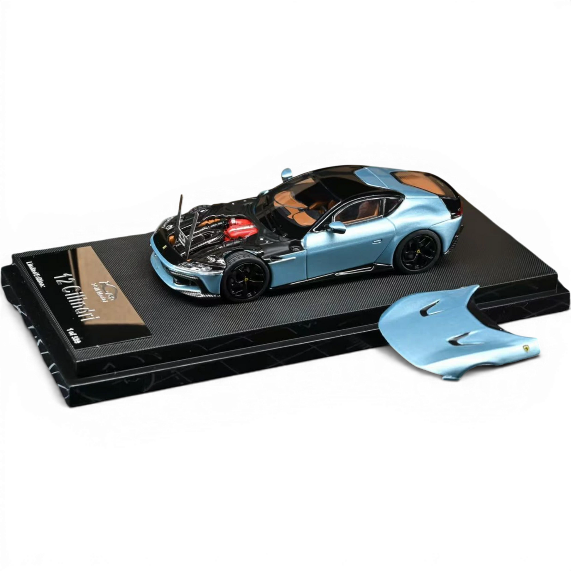 Lot57Supplies Diecast Shop 1:64 scale 7cm Model 12 cilindri supercar in Azzurro California with open engine bay