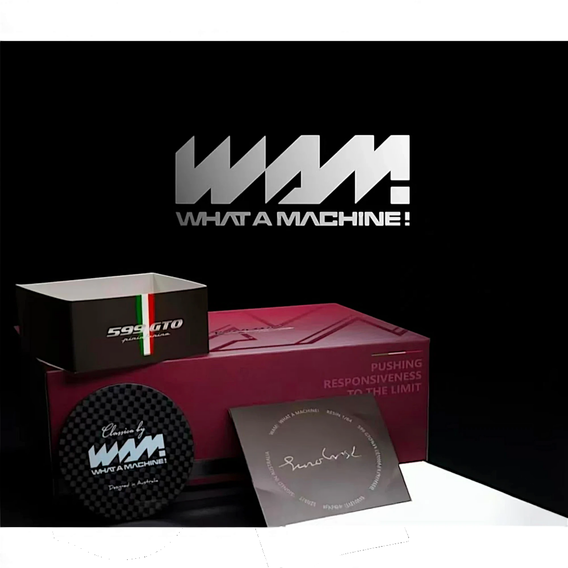 Lot57Supplies Diecast Shop Strive Glow x Wam 599GTO resin model packaging box with branded display accessories
