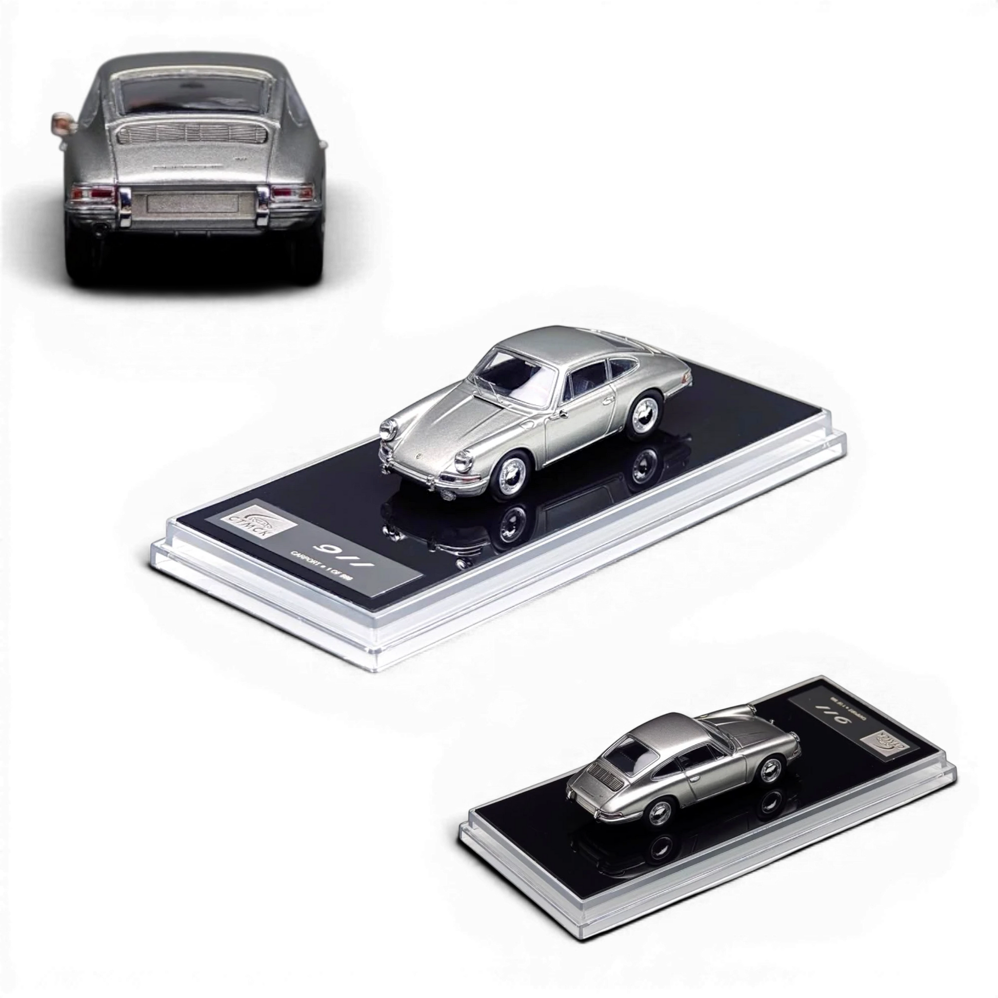 Lot57Supplies Diecast Shop 1:64 scale Carport Model 911 diecast car in GT Silver on a display base