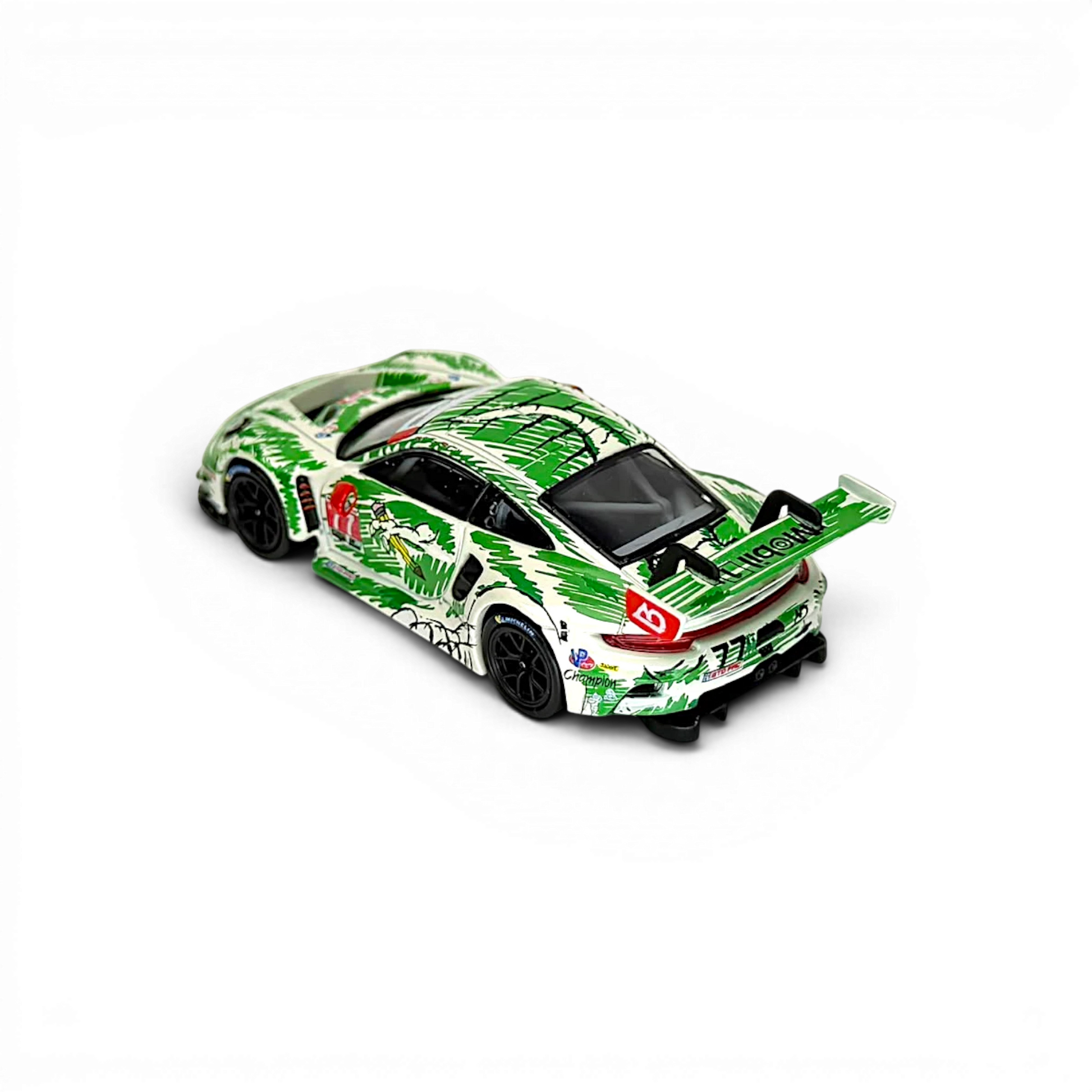 Lot57Supplies Diecast Shop TOP LUX 1:64 scale 911 GT3 R diecast car with green dinosaur sketch livery and rear wing