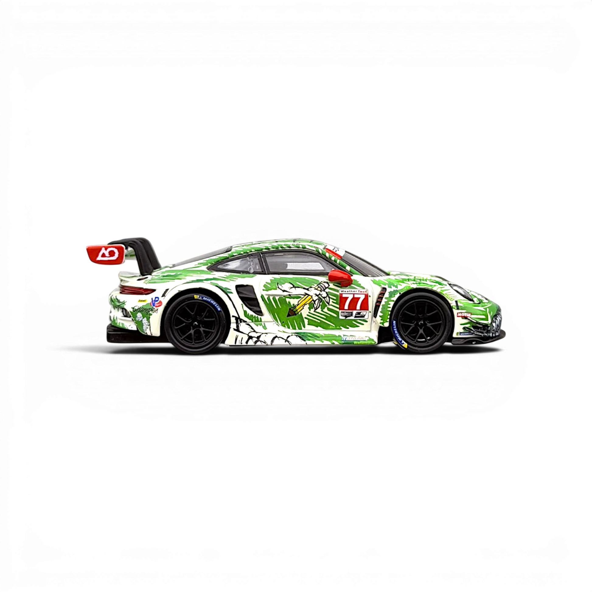 Lot57Supplies Diecast Shop TOP LUX 1:64 scale 911 GT3 R diecast car with green dinosaur sketch livery and racing decals