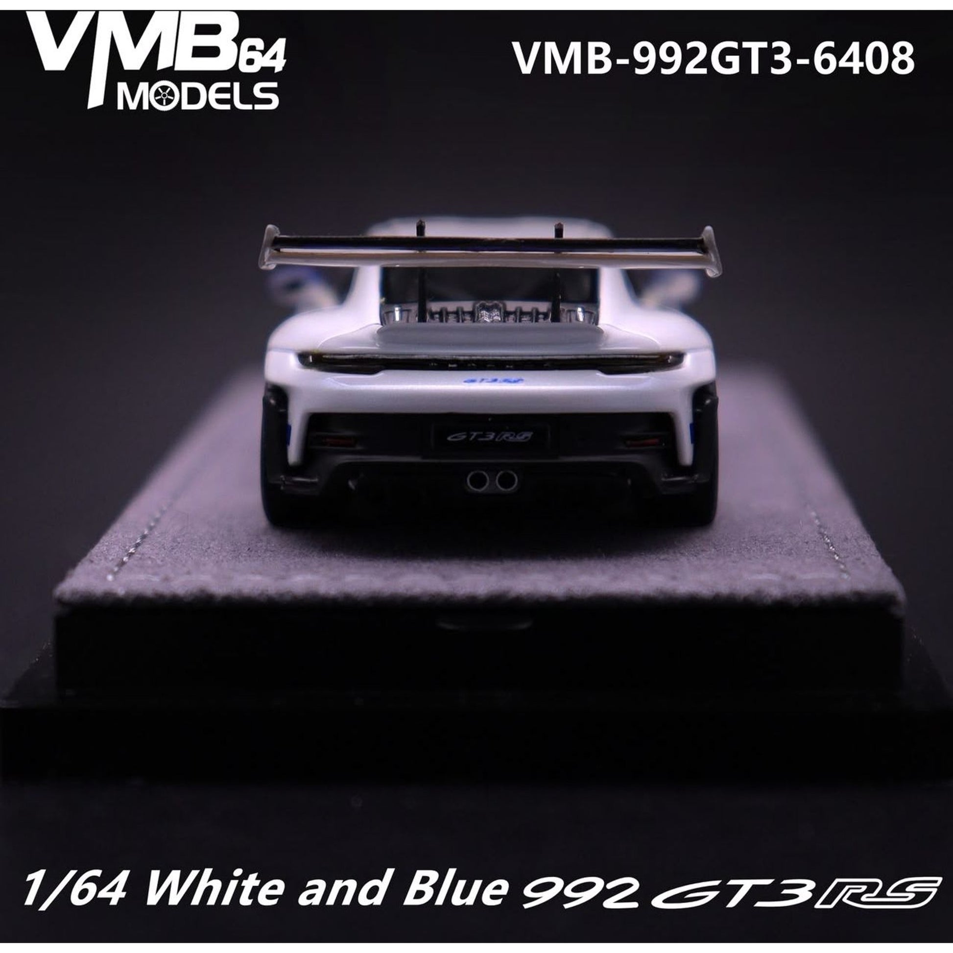Lot57Supplies Diecast Shop 1:64 scale resin VMB 992 GT3 RS model car in white and blue, rear view on display base