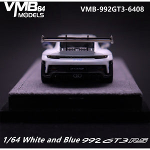Lot57Supplies Diecast Shop 1:64 scale resin VMB 992 GT3 RS model car in white and blue, rear view on display base