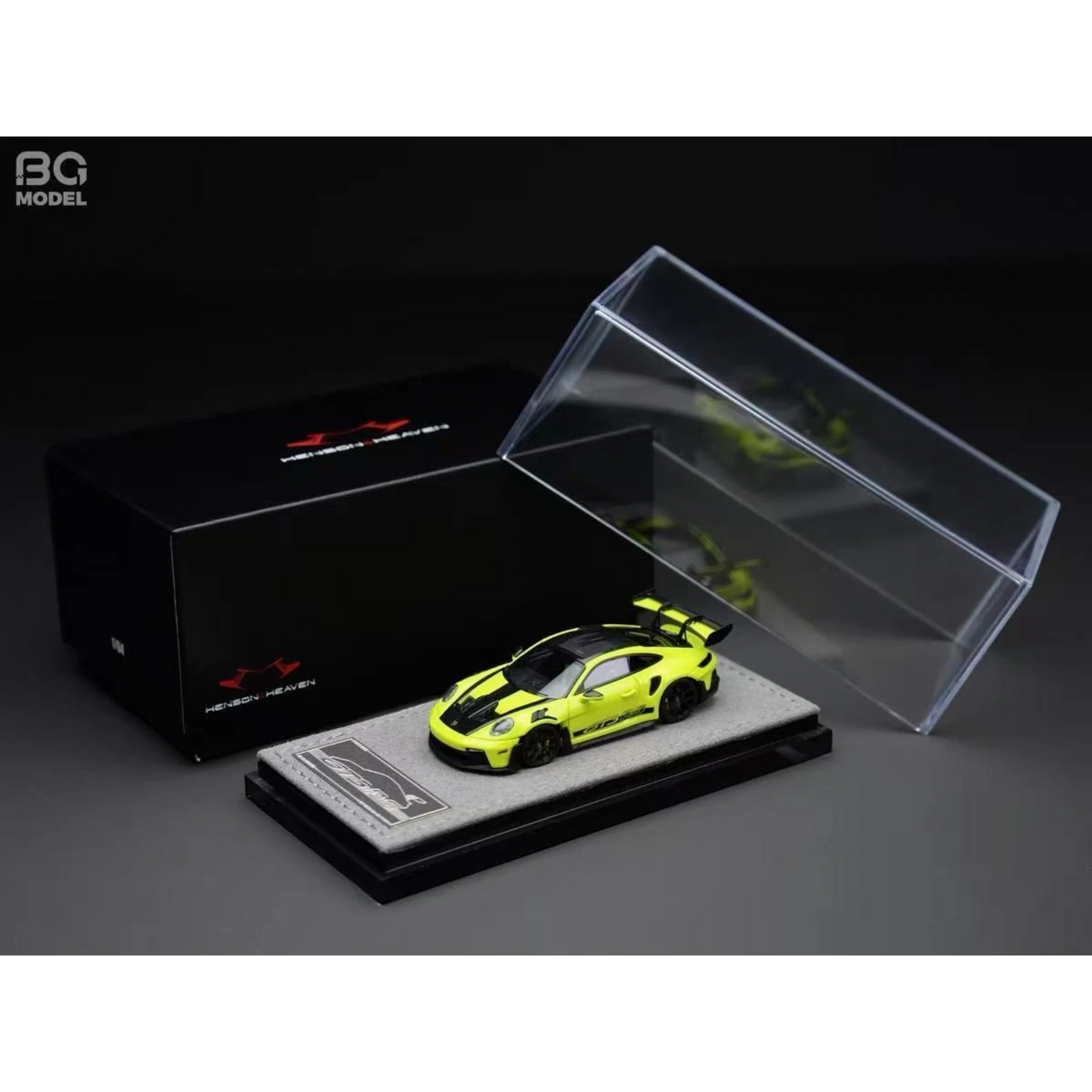 Lot57Supplies Diecast Shop HH Model 1:64 scale acid green Porsche 992.1 GT3 RS resin model car with display case