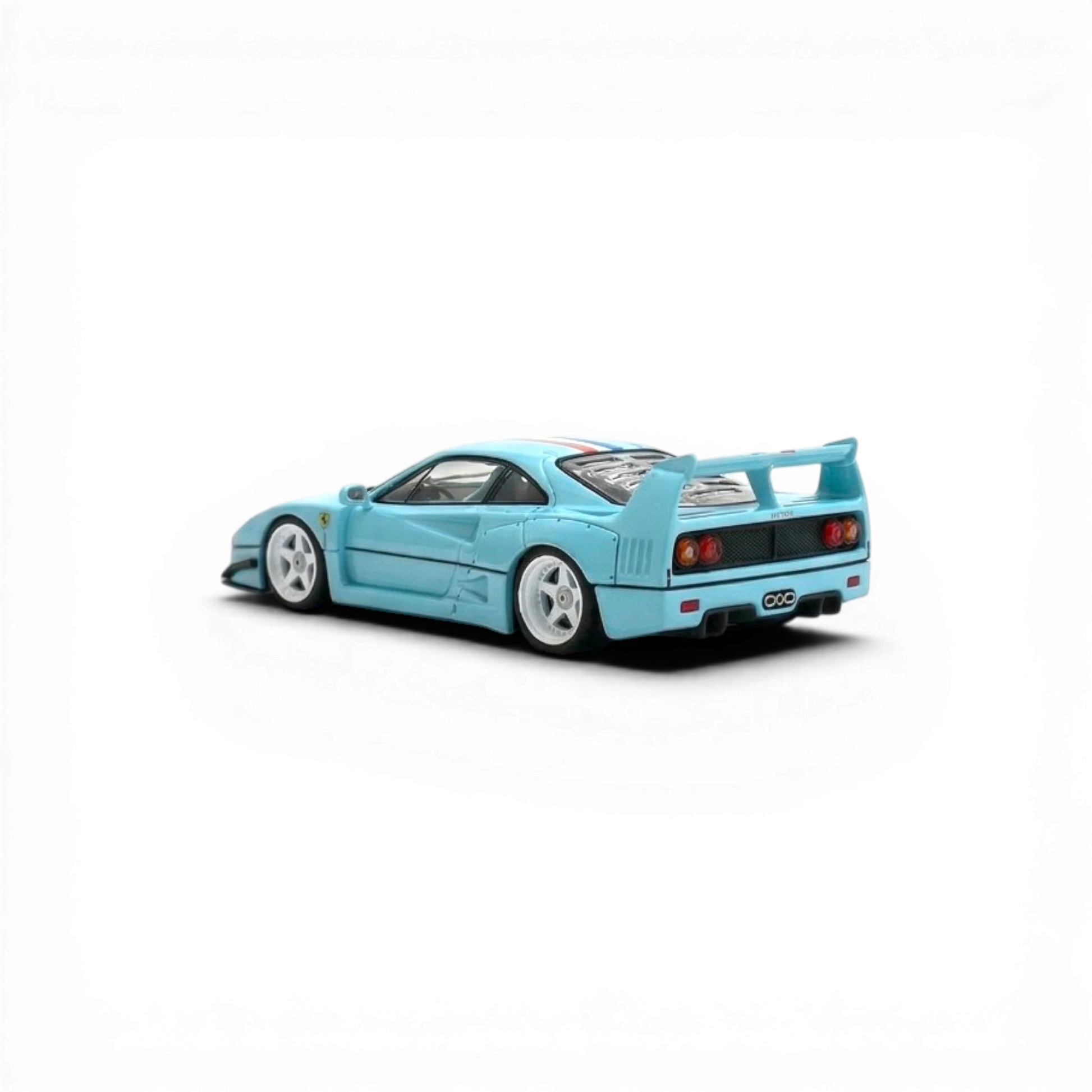 Lot57Supplies Diecast Shop AM Aurora Ferrari F40 1:64 scale model in tiff blue with racing stripes.