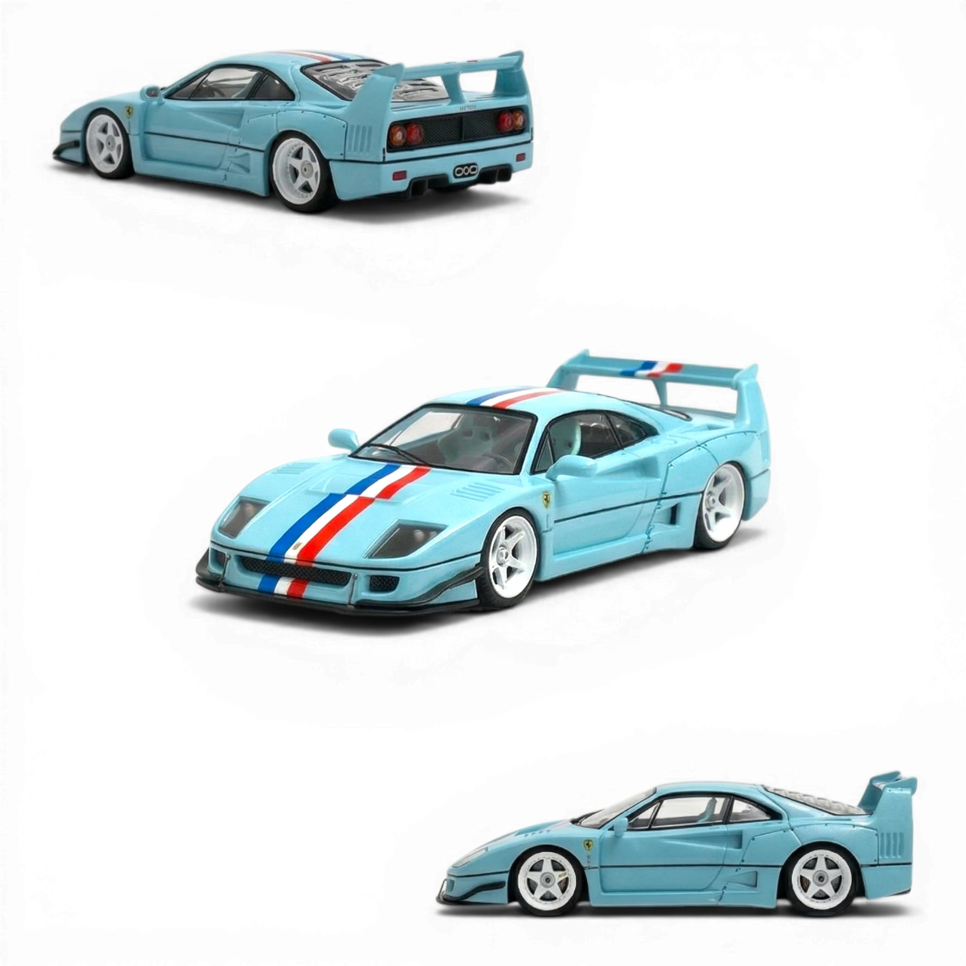 Lot57Supplies Diecast Shop AM Aurora Ferrari F40 1:64 scale model in tiff blue with racing stripes.