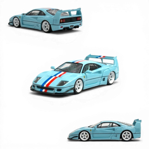 Lot57Supplies Diecast Shop AM Aurora Ferrari F40 1:64 scale model in tiff blue with racing stripes.