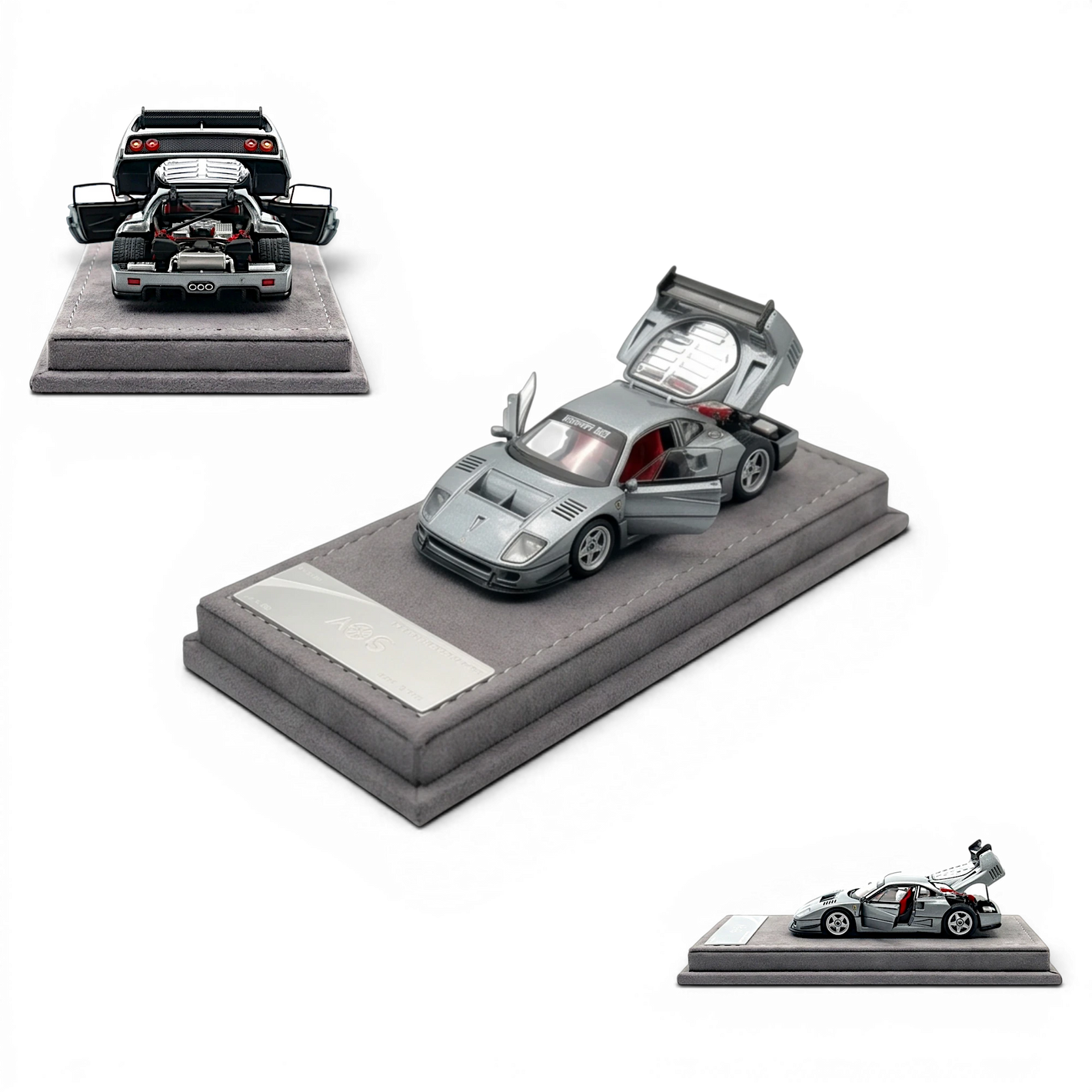 Lot57Supplies Diecast Shop 1:64 scale silver gray diecast F40 model car with red interior, doors and engine cover open.